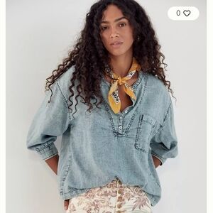 Pilcro Faded Light Blue Denim Henley with Chest Pocket